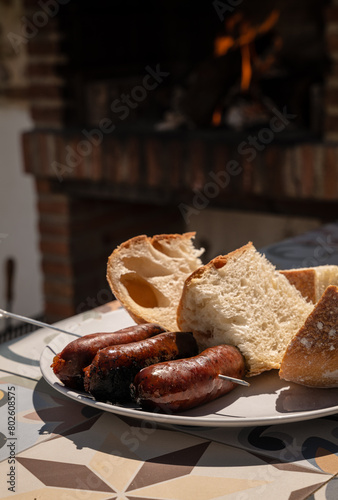 Closeup of Spanish chorizo with bread