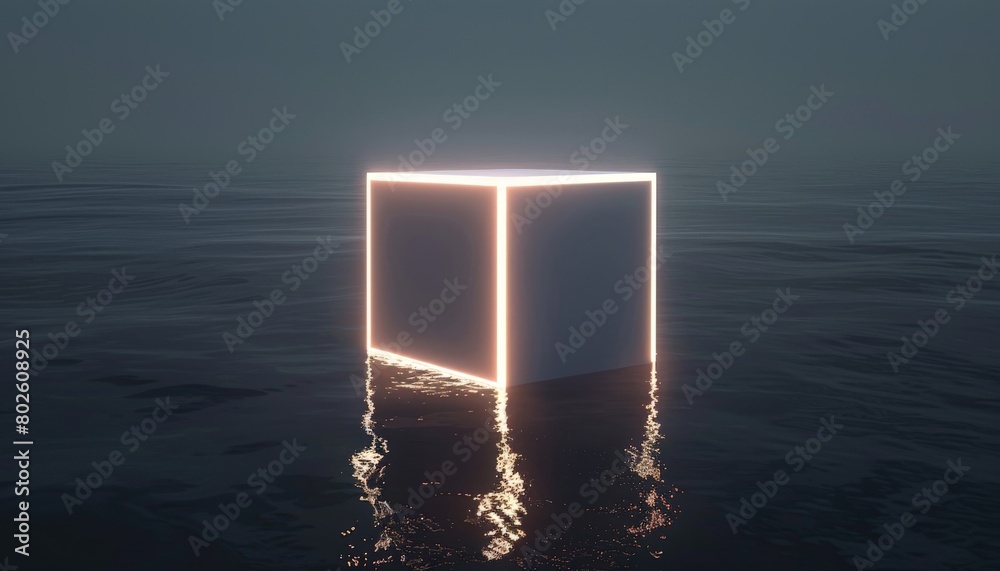 The glowing cube floats mysteriously on the dark water, casting an eerie glow on the waves.