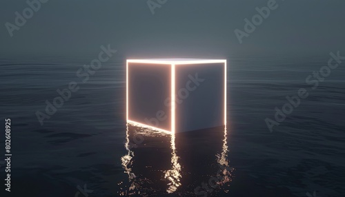 The glowing cube floats mysteriously on the dark water, casting an eerie glow on the waves. photo