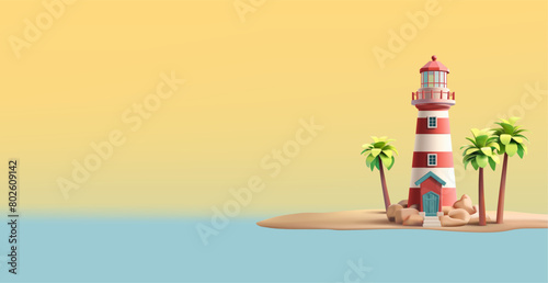 Lighthouse, palm trees, beach, 3D. A realistic beacon for advertising. Travel, navigation, safety. Object for advertising and promotion of tourism. Vector