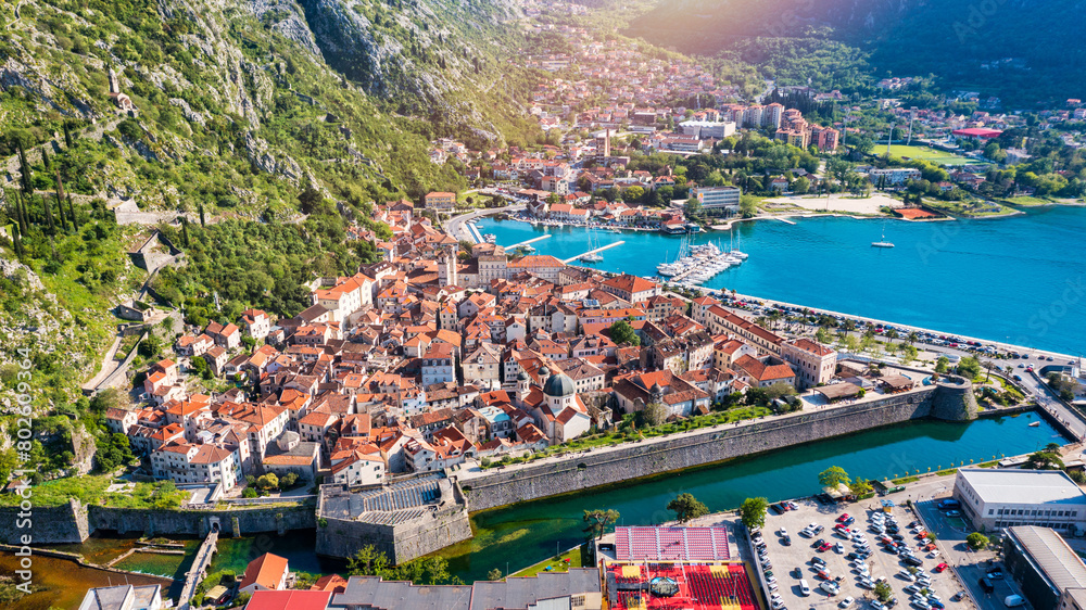 Aerial view of the old town of Kotor, Montenegro. Bay of Kotor bay is one of the most beautiful places on Adriatic Sea. Historical Kotor Old town and the Kotor bay of Adriatic sea, Montenegro.