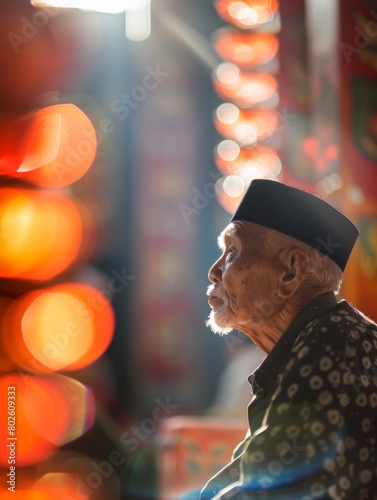 Elderly Southeast Asian Man in Spiritual Reflection during Islamic New Year at a Mosque