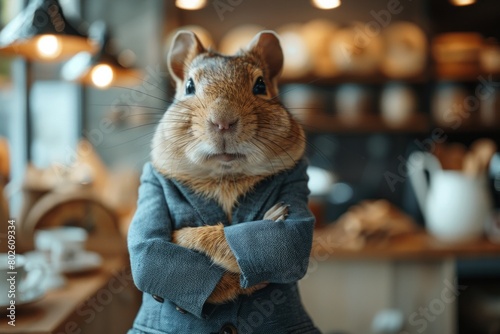 A Agouti in a crisp business suit, standing confidently in a bustling corporate office, surrounded by impressed human colleagues, AI Generative photo