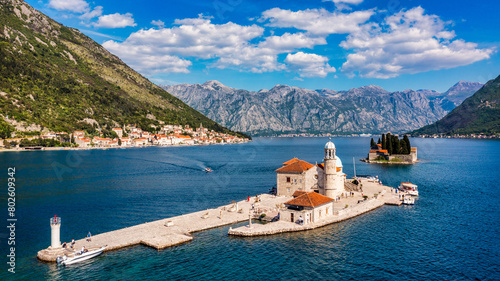 Saint George Island and Church of Our Lady of the Rocks in Perast, Montenegro. Our Lady of the Rock island and Church in Perast on shore of Boka Kotor bay (Boka Kotorska), Montenegro, Europe.