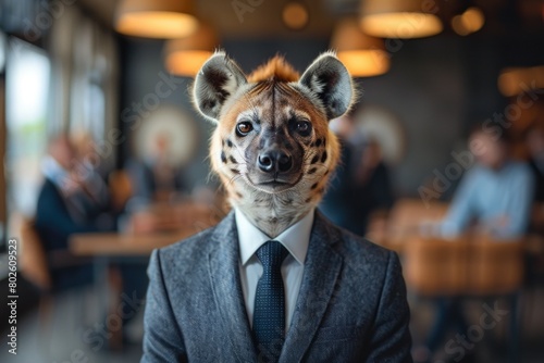 A Hyena in a crisp business suit, standing confidently in a bustling corporate office, surrounded by impressed human colleagues, AI Generative