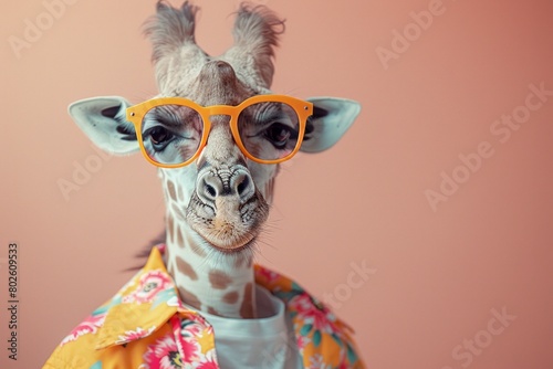 A Giraffe styled in funky fashion with a colorful jacket  casual shirt  and dark shades  against a soft pastel background  creating a cool  AI Generative