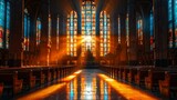 Brilliant sunlight filters through grand stained glass windows, church interior bathed in color, superlative digital art, AI Generative