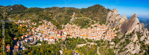 The picturesque village of Castelmezzano, province of Potenza, Basilicata, Italy. Cityscape aerial view of medieval city of Castelmazzano, Italy. Castelmezzano village in Apennines Dolomiti Lucane. photo