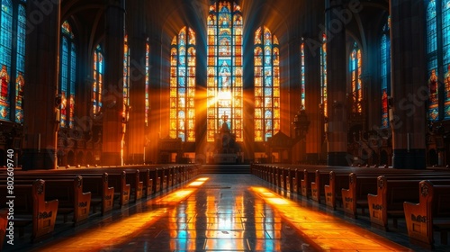 Brilliant sunlight filters through grand stained glass windows  church interior bathed in color  superlative digital art  AI Generative