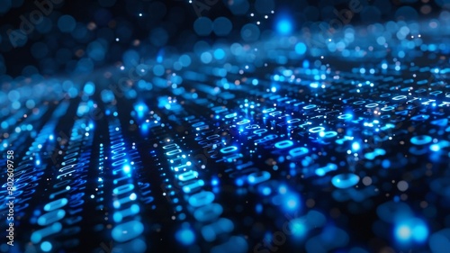 Blue digital binary data streaming across a computer screen, representing modern technology, widescreen, intense focus on flowing numbers, AI Generative