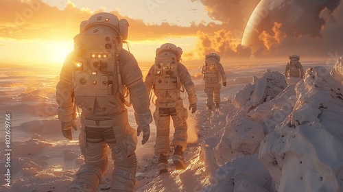 astronauts team exploring an alien planet, walking near rock formations, AI Generative photo