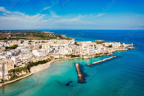 Aerial view of Otranto town on the Salento Peninsula in the south of Italy, Easternmost city in Italy (Apulia) on the coast of the Adriatic Sea. View of Otranto town, Puglia region, Italy. © daliu