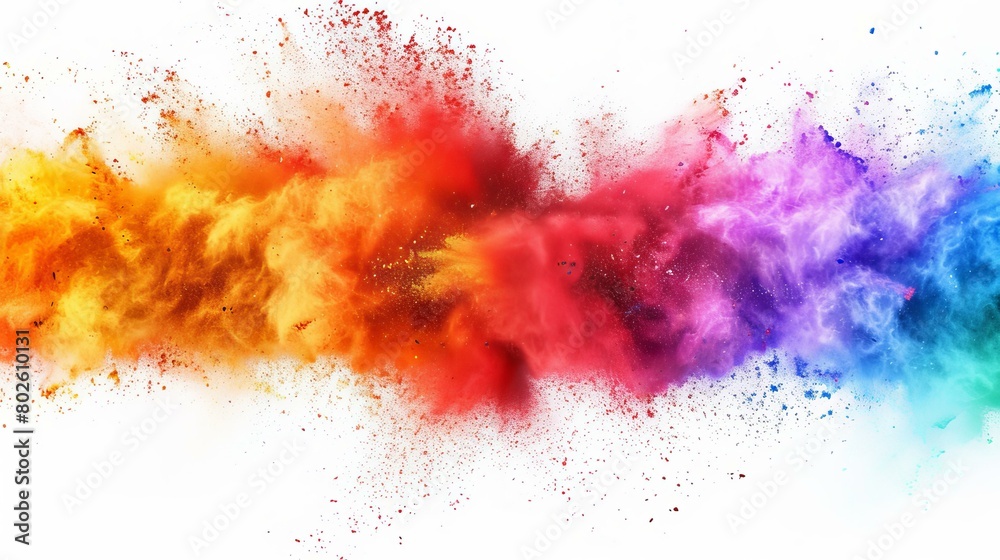 Hyper-realistic depiction of a vibrant explosion of rainbow Holi powder paint, showcasing an array of vivid colors against a pure white background, AI Generative