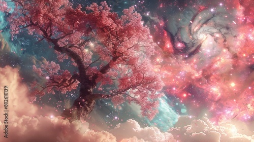 Digital art piece showing a surreal blend of cherry blossom trees and cosmic elements  AI Generative