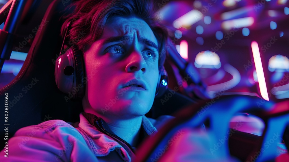 The scene captures a gamer, joystick in hand, fully absorbed in a virtual racing game, AI Generative The scene captures a gamer, joystick in hand, fully absorbed in a virtual racing game, AI Generative
