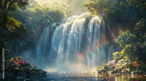 Pristine waterfall with rainbow veil, exotic animals peeking through dense jungle foliage, serene, AI Generative © sorapop