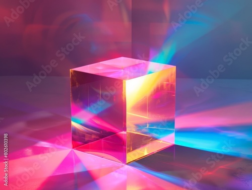 The image shows a 3D crystal cube sitting on a reflective surface. The cube is reflecting the colors of the rainbow.