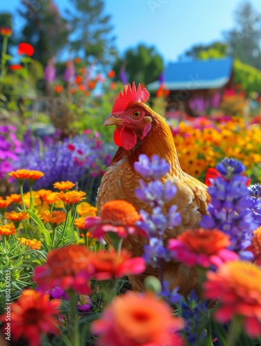 Eco-Friendly Poultry Farm with Vibrant Flower Biosecurity Measures