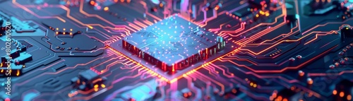 The image shows a close-up of a computer chip with a glowing blue light in the center. The chip is surrounded by a complex network of circuitry.