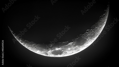 The crescent moon is illuminated by the glow of sunlight, casts shadows on its relief. Black background. Generative AI photo