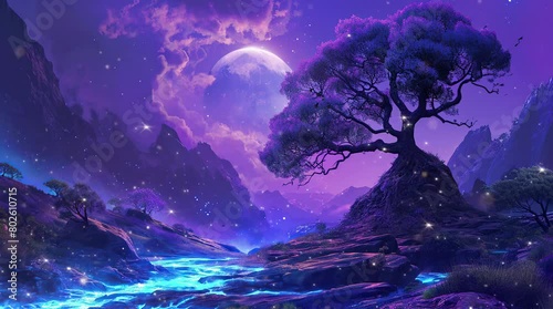 Huge glowing tree in a night landscape under the full moon. Nature's luminescent spectacle in the moon's embrace.
Seamless looping 4k time-lapse virtual video animation background. Generated AI