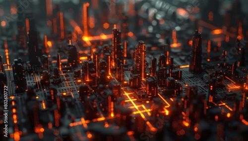 The image shows a futuristic city with tall buildings and bright lights. The city is depicted as a glowing orange color. photo