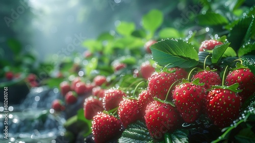 Plump, juicy strawberries, embellished with sparkling dew drops, recline upon verdant green foliage. Generative AI photo