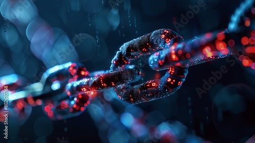 The image shows a glowing blue and red chain, representing the blockchain. photo