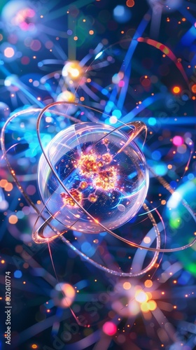 The image shows a glowing blue and purple atom.