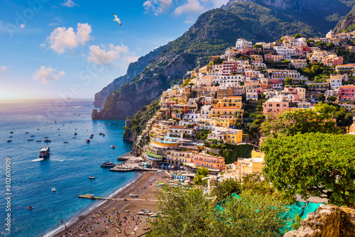 Fototapeta Naklejka Na Ścianę i Meble -  View of Positano with comfortable beach and blue sea on Amalfi Coast in Campania, Italy. Positano village on the Amalfi Coast, Salerno, Campania. Beautiful Positano, Amalfi Coast in Campania.