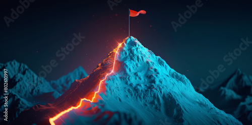 A glowing light path leading to the top of a snowy mountain peak with a flag success and goal achievement or personal development as a road going up a hill to the mountainside on a dark background