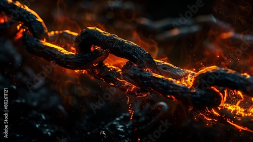 The image shows a molten metal chain. The links are glowing hot and the metal is dripping off the edges. The background is a dark, fiery orange. photo