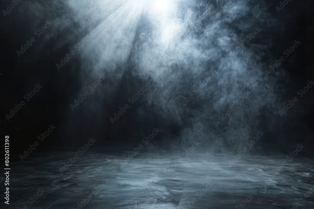 Empty space studio dark room with spot lighting and fog in black background - generative ai Empty space studio dark room with spot lighting and fog in black background - generative ai