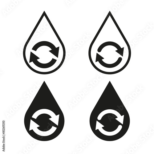 Water recycling symbol in droplet icons. Black water drop with circular arrow. Environmental conservation concept. Water reuse signs.