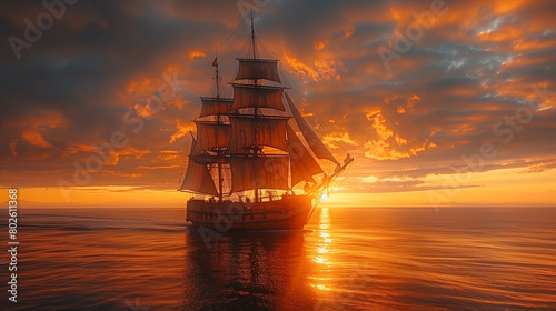 Sailing Ship at Sunset on the Open Sea