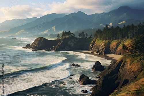 Majestic Coastal Landscape with Lush Greenery and Rocky Coastline