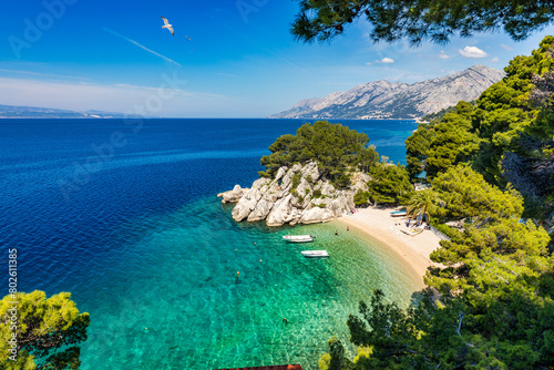 Amazing aerial view of the beautiful Podrace beach in Brela, Makarska Riviera, Croatia. Aerial view of Podrace beach and waterfront on Makarska riviera, Brela, Dalmatia region of Croatia. photo