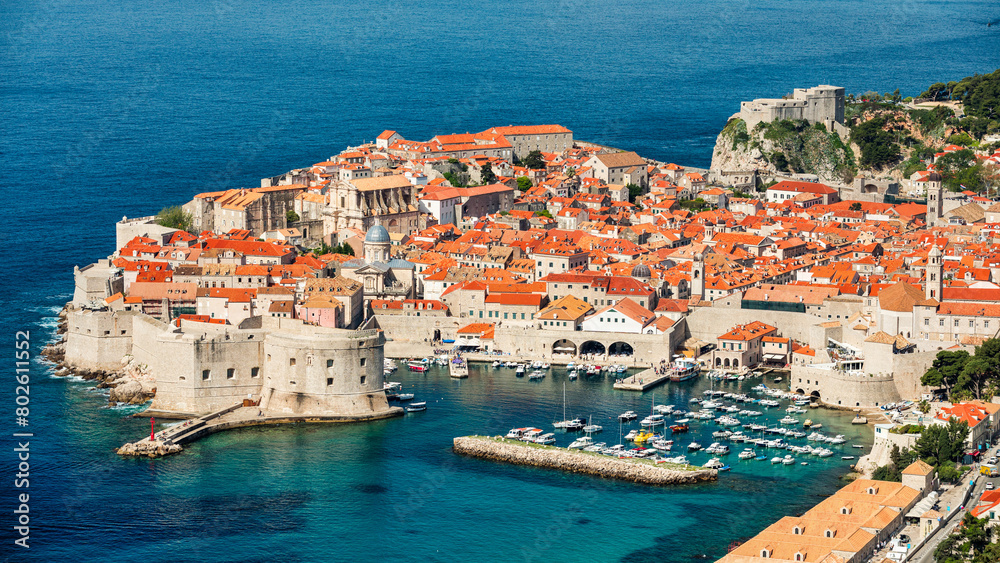 The aerial view of Dubrovnik, a city in southern Croatia fronting the Adriatic Sea, Europe. Old city center of famous town Dubrovnik, Croatia. Dubrovnik historic city of Croatia in Dalmatia. The aerial view of Dubrovnik, a city in southern Croatia fronting the Adriatic Sea, Europe. Old city center of famous town Dubrovnik, Croatia. Dubrovnik historic city of Croatia in Dalmatia.