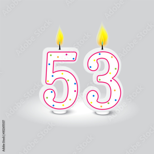 Birthday candle numbers 53. Vector celebration design. Anniversary event numeral. Colorful festive decoration.