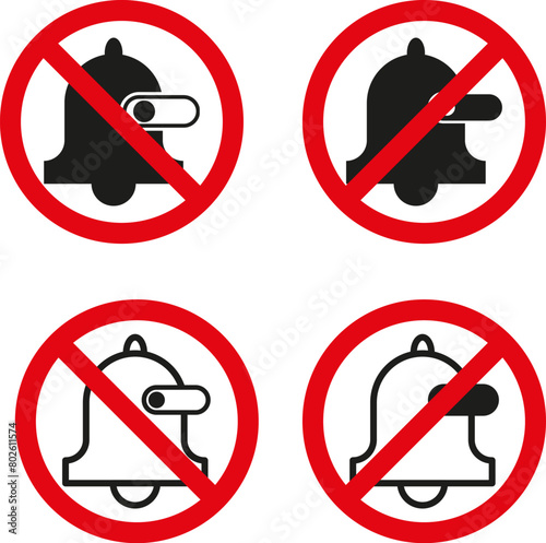 No notification bells icon set. Silent mode symbols with red prohibition sign. Mute alerts concept.