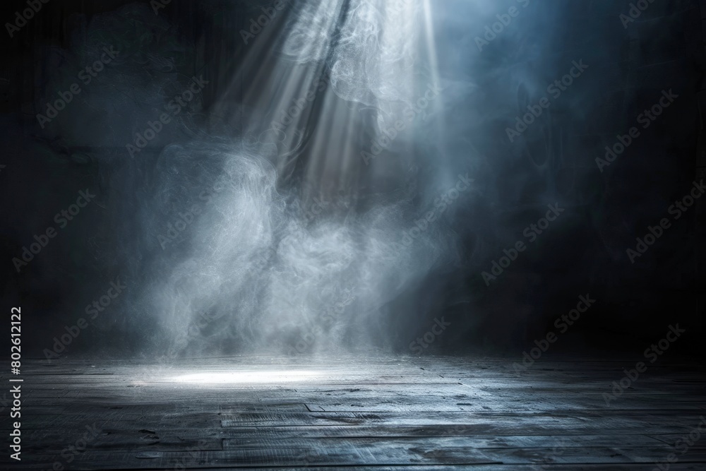 Empty space studio dark room with spot lighting and fog in black background - generative ai Empty space studio dark room with spot lighting and fog in black background - generative ai