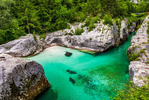 Amazing Soca river gorge in Slovenian Alps. Great Soca Gorge (Velika korita Soce), Triglav National park, Slovenia. Great canyon of Soca river, Bovec, Slovenia. Soca Gorge in Triglav National Park. © daliu