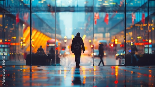 A lone figure walking through a busy city, seemingly oblivious to the surrounding noise photo