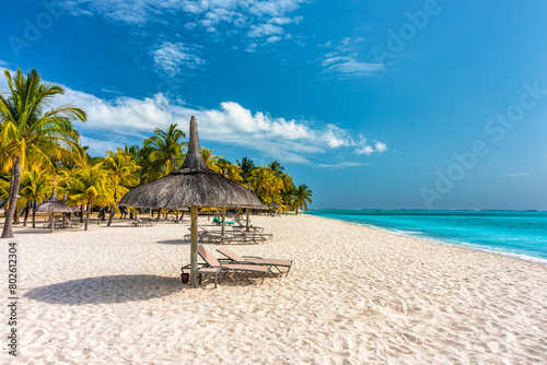 Paradise beach resort with palm trees and and tropical sea in Mauritius island. Summer vacation and tropical beach concept. Sandy beach with Le Morne beach on Mauritius island. Tropical landscape.