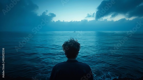 A person staring at the ocean, feeling the vastness and silence of the world #802612336
