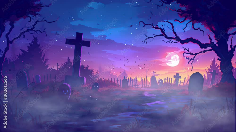 Creepy cemetery under a glowing purple sky with a full moon. Eerie nocturnal scene amidst the spectral glow.
Seamless looping 4k time-lapse virtual video animation background. Generated AI