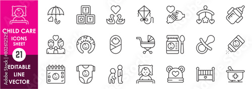 Set of line icons related to child care, international children day, kid rights. Icons set with child toys, child, kids, love, parent and so on.