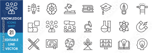 Set of outline icons related to knowledge and education. Linear icon collection with books, graduation, class, physics, chemistry and so on.