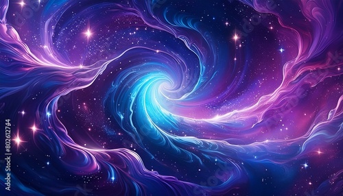 A cosmic-themed abstract background depicting a swirling galaxy in deep purples and blues, interspersed with sparkling stars, creating an expansive and mystical atmosphere. The stars vary in size and 