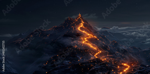 A glowing path leading to the top of an alpine mountain peak, with bright lights and a flag on it. A conceptual illustration of success in business or personal goals